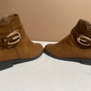 Suede Tan Ankle Booties with Gold Buckle Detail